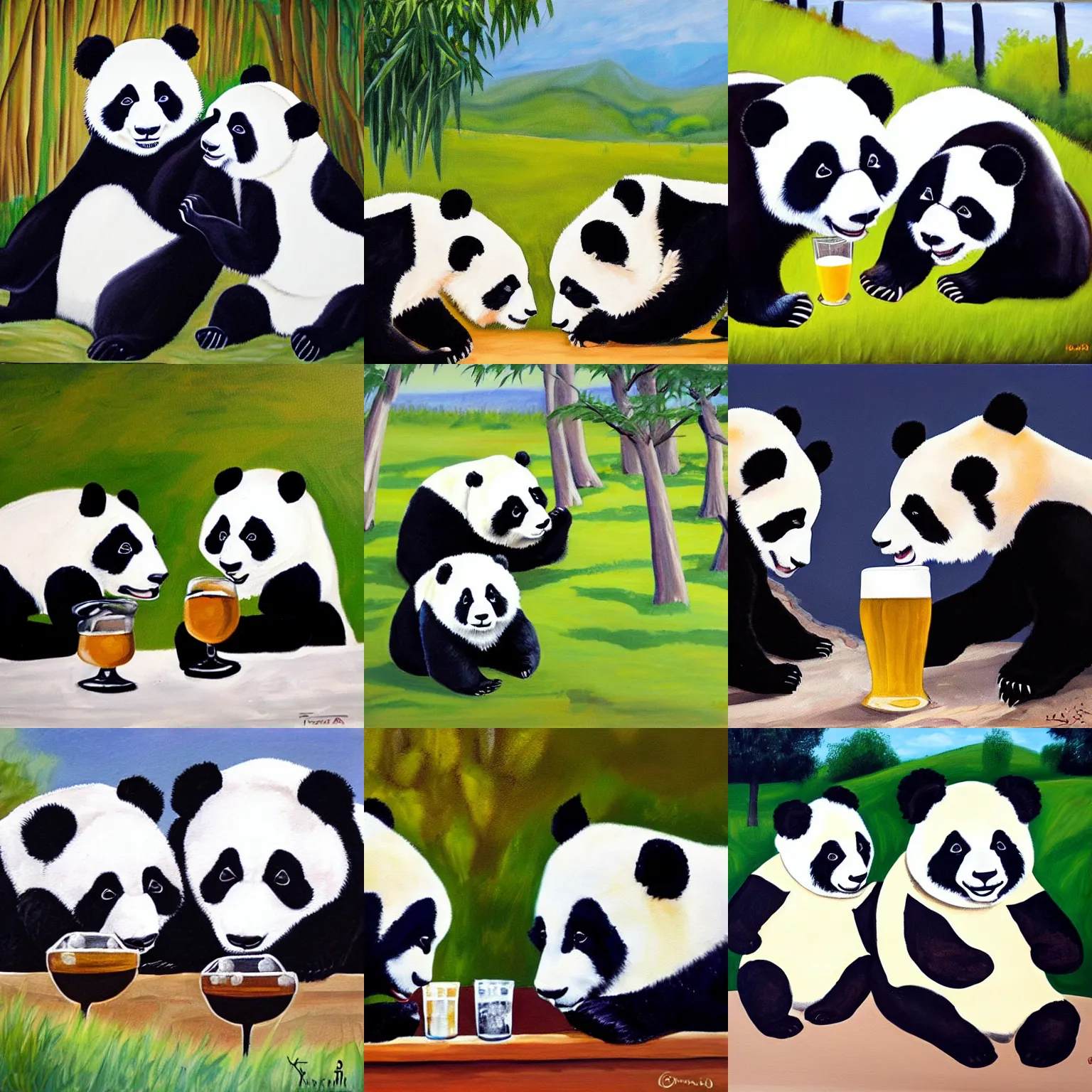 Prompt: Painting of two pandas drinking a Belgian trappist outside in the sun