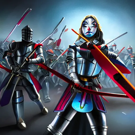 Prompt: female knight with an electric longsword rallies a band of troops, dramatic, dynamic lighting, colorful, intricate, hyper realism, 8 k, high resolution