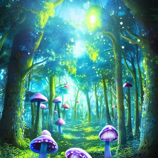 Image similar to a magical enchanted forest with a blue with a fireflies at night. in the forest there's oversized mushrooms, anime art style, detailed, 4 k