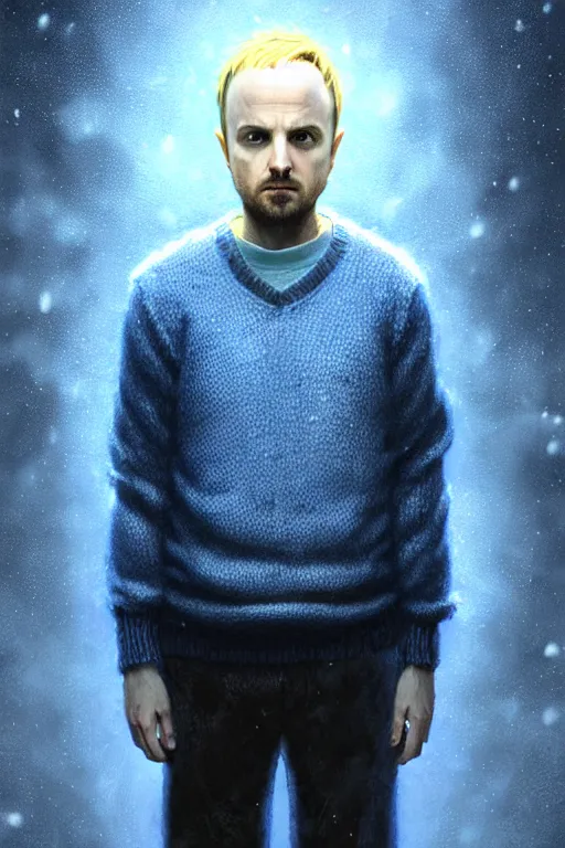 Image similar to portrait of jesse pinkman as sapphire herald in an elegant winter sweater, by makoto shinkai, by akihiko yoshida, by zdzislaw beksinski, by dariusz zawadzki, artbook, tone mapped, deep blues, shiny, soft lighting