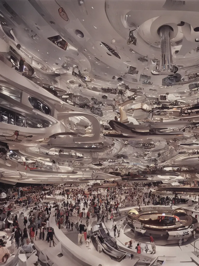Image similar to kodachrome photo of interior of a busy spaceport on future earth, intricate film still by stanley kubrick. very coherent photograph. cinematic, hyperrealistic, high detail