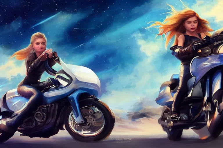 Image similar to chloe grace moretz is riding a motorbike, digital painting, artstation, the space background, concept art, by artgerm hyperdetailed trending on artstation trending on deviantart