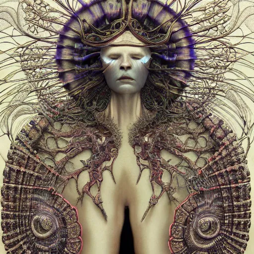 Image similar to a creature from a parallel universe by alexander mcqueen, zdzisław beksinski and alphonse mucha. highly detailed, hyper - real, very beautiful, intricate fractal details, very complex, opulent, epic, mysterious, trending on deviantart and artstation