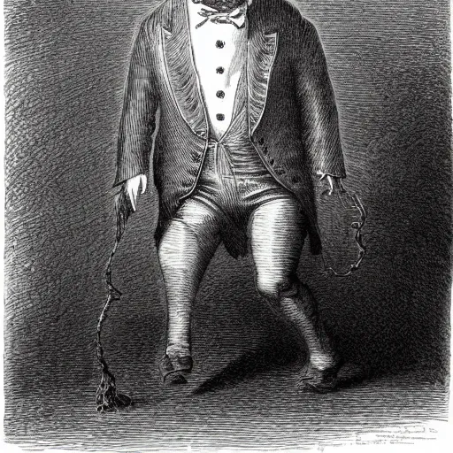 Image similar to a pig walking on two legs, creepy atmosphere, dressed in a tuxedo, dark, close-up, realistic, very realistic, illustration by Gustave Doré