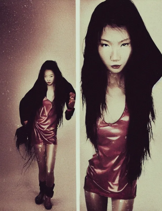 Image similar to polaroid photo with flash, portrait of a asian woman with glossy wet skin and wet hair in style of matrix, vinyl clothes on, dressed, bleached strong lights, kodak film stock, hyper real, stunning moody cinematography, with anamorphic lenses, by maripol, detailed