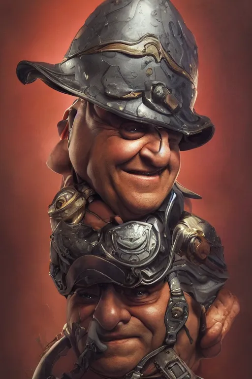 Image similar to portrait of danny devito wearing Elgast's helm by artgerm and Craig Mullins, James Jean, Andrey Ryabovichev, Mark Simonetti and Peter Morbacher 16k