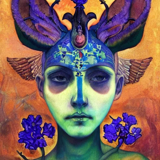 Prompt: the bone crown, the crown of wings, by Annie Swynnerton and Nicholas Roerich and Diego Rivera, bioluminescent skin, tattoos, wings made out of flowers, elaborate costume, geometric ornament, symbolist, cool colors like blue and green and violet, smooth, sharp focus, extremely detailed