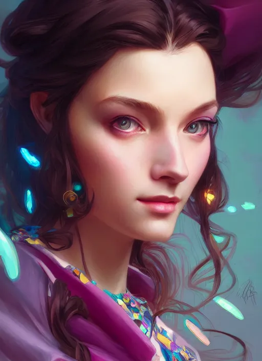 Image similar to portrait of a cute egirl, colorful, elegant, highly detailed, geek, brunette, uwu, digital painting, artstation, concept art, smooth, sharp focus, illustration, art by artgerm and greg rutkowski and alphonse mucha