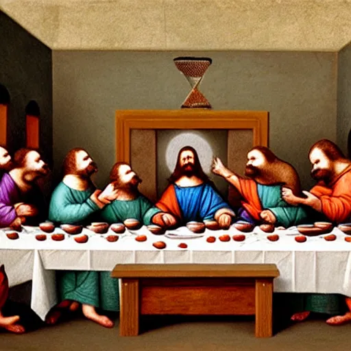 Image similar to anthropomorphic guinea pigs in the last supper