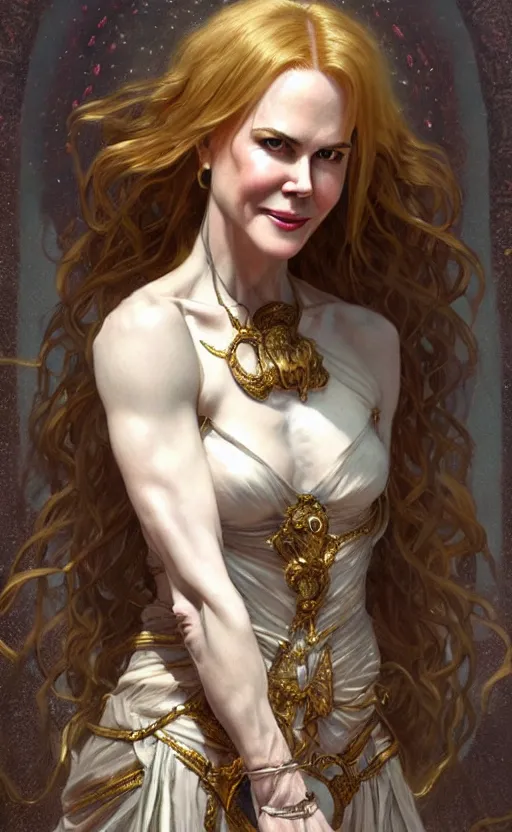 Image similar to portrait of nicole kidman as the goddess circe, greek mythology, intricate, headshot, highly detailed, digital painting, artstation, concept art, sharp focus, cinematic lighting, illustration, art by artgerm and greg rutkowski, alphonse mucha, cgsociety