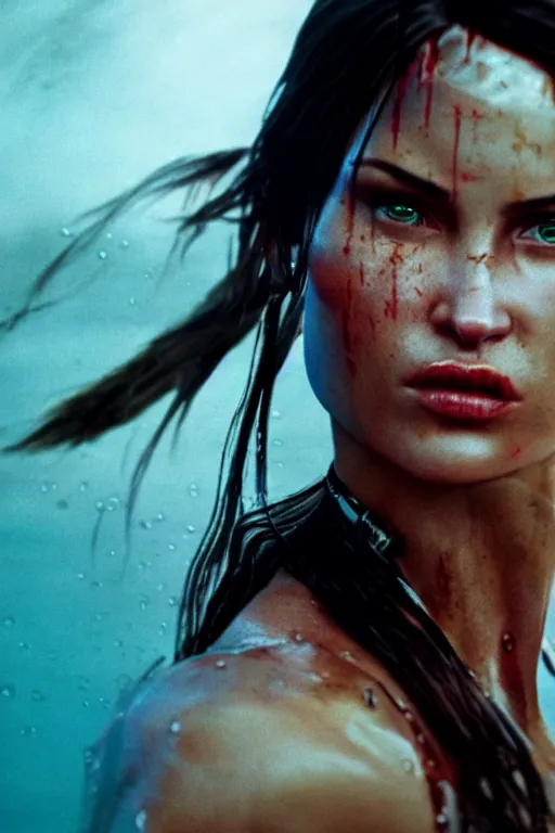 Image similar to cinestill 5 0 d candid action photographic portrait by quentin tarantino of lara croft in treacherous waters, extreme closeup, modern cyberpunk retrofuturism moody emotional cinematic, pouring iridescent rain, 8 k, hd, high resolution, 3 5 mm, f / 3 2, motion blur, ultra realistic faces, ex machina 8 k