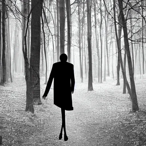 Image similar to slenderman walking with a 20 years women!! throw forest