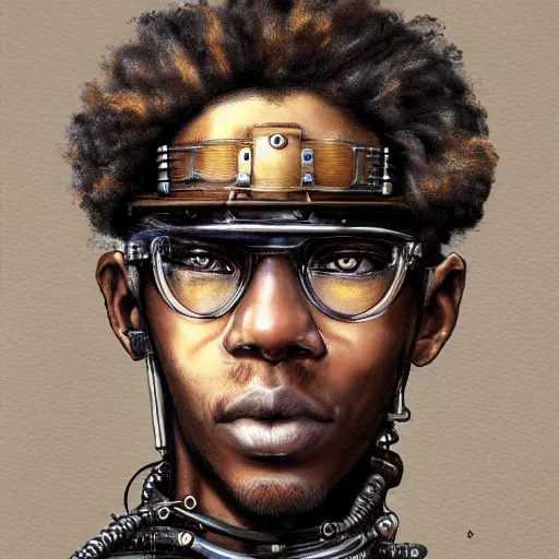 Image similar to portrait of a man by ayami kojima, afroamerican, he is about 2 0 years old, short black hair, annoyed older brother vibes, he is wearing a steampunk tactical gear, highly detailed portrait, digital painting, artstation, concept art, smooth, sharp foccus ilustration, artstation hq