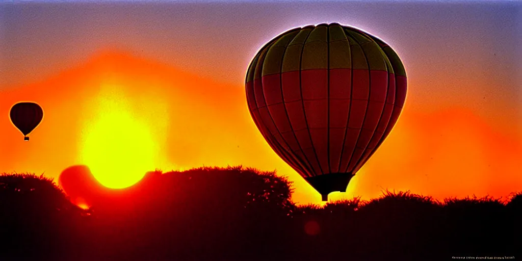 Image similar to hot air balloon, sunset, cartoon by moebius