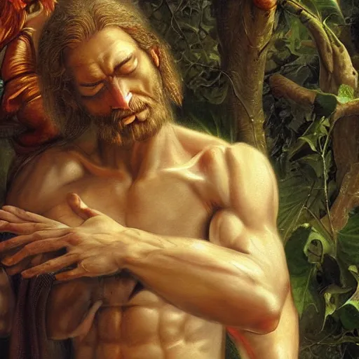 Image similar to Close-up of God being angry in the Garden of Eden. Adam and Eve look very guilty- elegant, highly detailed, centered, Artgerm