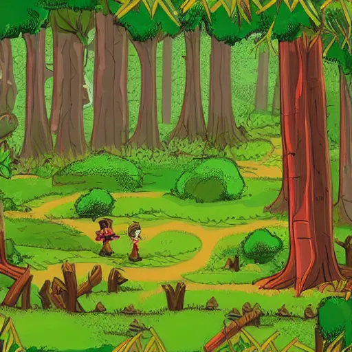 Image similar to a clearing in a forest in the style of the curse of monkey island point and click adventure game