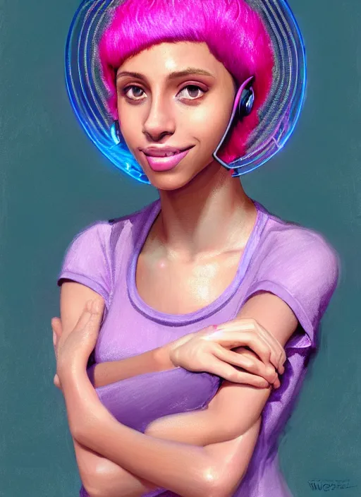 Image similar to portrait of teenage vanessa morgan with bright pink hair, vanessa morgan, curly pixie cut hair, wearing a purple breton cap, breton cap, subtle confident smile, hoop earrings, intricate, elegant, glowing lights, highly detailed, digital painting, artstation, concept art, smooth, sharp focus, illustration, art by wlop, mars ravelo and greg rutkowski