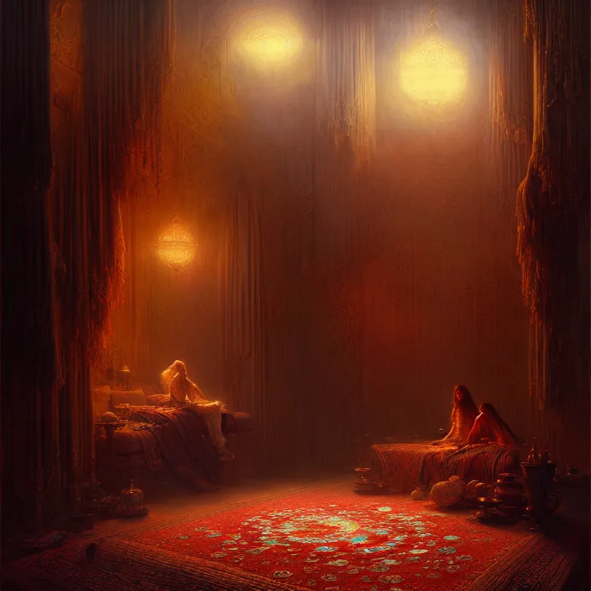 Image similar to magic fluffy Persian carpet dimension, by Greg Rutkowski and Gaston Bussiere, dim lighting, beautiful volumetric-lighting-style atmosphere, surreal atmosphere, intricate, detailed, photorealistic imagery, artstation