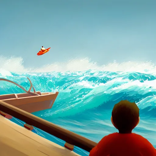 Image similar to goro fujita ilustration a bird flying over a fishing boat in the middle of the ocean with waves, foam on the waves, painting by goro fujita, sharp focus, highly detailed, artstation