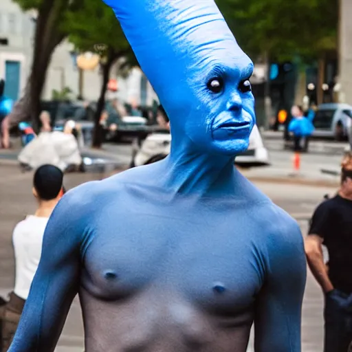 Image similar to surrealist conehead blue man group street performers photography