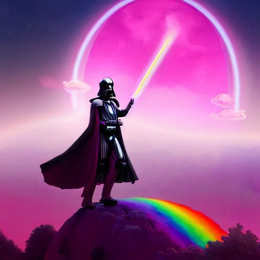 Image similar to beautiful matte painting, rainbow colored pink pink darth vader costume wearing pink wearing pink, riding a unicorn, riding a unicorn, riding a unicorn over a glittering rainbow in space by lisa frank and dan mumford, octane render, HDR, vivid color, volumetric lighting, unreal engine, concept art, CGsociety, trending on artstation