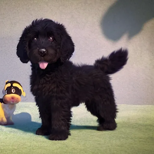 Prompt: a wholesome animation key shot of a black bernedoodle puppy, studio ghibli, pixar and disney painting, sharp, rendered in unreal engine 5, key art by greg rutkowski, bloom, dramatic lighting