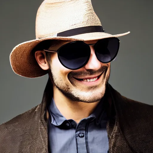 Prompt: an enigmatic mysterious man, smiling, face unseen by wearing a logo - patch woven fedora and chopard sunglasses, expensive outfit, elegant, casual, intricate