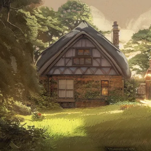 Image similar to concept art painting of an english european cottage with japanese architecture, in the woods, cozy, realistic, detailed, cel shaded, in the style of makoto shinkai and greg rutkowski and james gurney