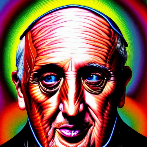 Image similar to an extremely psychedelic portrait of the pope, surreal, lsd, face, detailed, intricate, elegant, lithe, highly detailed, digital painting, artstation, concept art, smooth, sharp focus, illustration