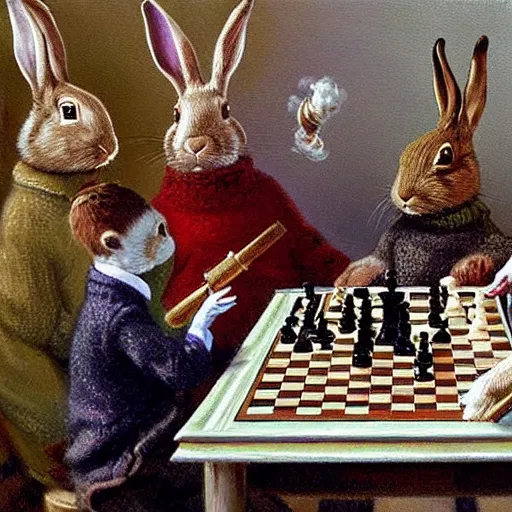 Prompt: rabbits smoking pipes and playing chess. Painting of rabbits in sweaters by James Gurney.