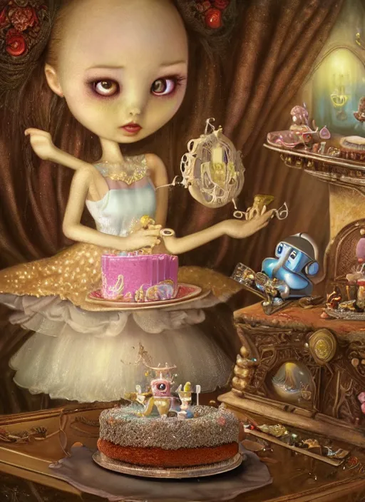 Prompt: highly detailed closeup portrait of a fairytale princess's favorite robot eating cakes in the castle, nicoletta ceccoli, mark ryden, lostfish, earl nore, hyung tae, frank frazetta, global illumination, god rays, detailed and intricate environment