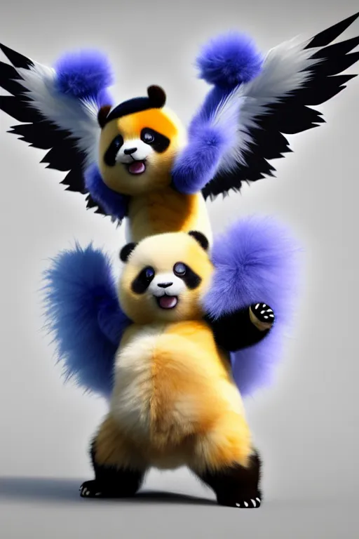 Prompt: high quality 3 d render hyperrealist very cute multicolor stripped fluffy! panda phoenix hybrid with wings!!!, highly detailed, vray smooth, in the style of detective pikachu, hannah yata charlie immer, dramatic blue light, low angle, uhd 8 k, sharp focus