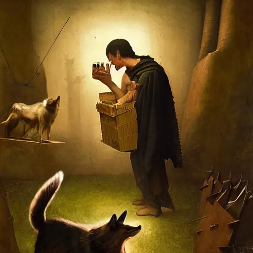 Image similar to young man in orange t - shirt hides his face behind box of guinness beer, two wolves on either of his sides by hieronymus bosch, greg rutkowski, anna podedworna