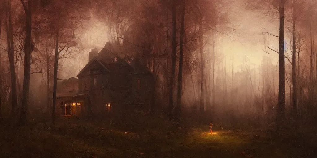 Image similar to an old house with red light on from the windows during the night in a forest, a men stand up in front of the house, mystical fog, oil on canvas, details, a desert road next to the house, illustration, art by andreas achenbach and alena aenami