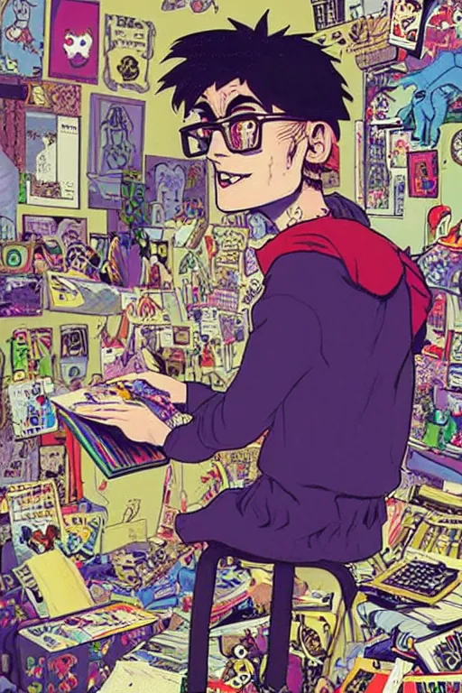 Prompt: nerdy goth guy reading book in cluttered messy 9 0 s bedroom, by jamie hewlett, vaporwave, 9 0 s aesthetic, 9 0 s vibe,