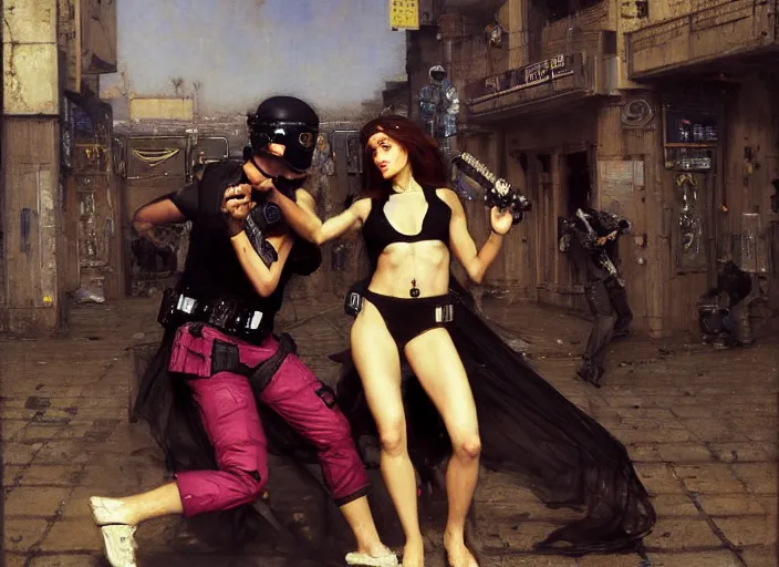 Image similar to Maria evades sgt bob Griggs. Athletic Cyberpunk hacker escaping Menacing Cyberpunk police trooper griggs. (dystopian, police state, Cyberpunk 2077, bladerunner 2049). Iranian orientalist portrait by john william waterhouse and Edwin Longsden Long and Theodore Ralli and Nasreddine Dinet, oil on canvas. Cinematic, vivid colors, hyper realism, realistic proportions, dramatic lighting, high detail 4k