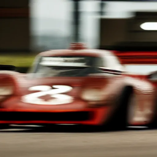 Prompt: an old rusty super car driving through a race track, dramatic, motion blur