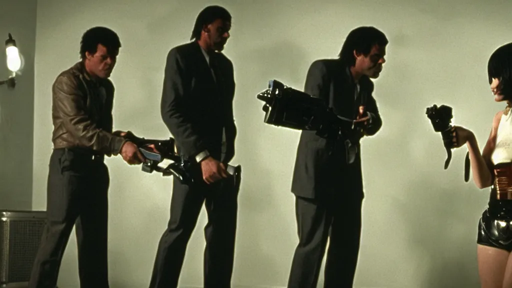 Image similar to movie still of pulp fiction but with robots, movie still, cinematic composition, cinematic light, by edgar wright and david lynch