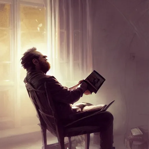 Image similar to old fatman sitting on chair reads book, light stubble, digital art, photorealistoc, art by greg rutkowski, hyperdetailed, western comic style, comic, comic style, sharp lineart, professional lighting, deviantart, artstation, trevor henderson, rossdtaws, cinematic, dramatic