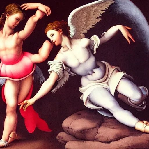 Prompt: a stunning oil painting of an angel ballerina facing off against a demon ballerina in an epic battle by michelangelo