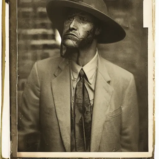 Image similar to closeup portrait of a snake oil salesman in a smoky new york back street, photograph, magazine, press, photo