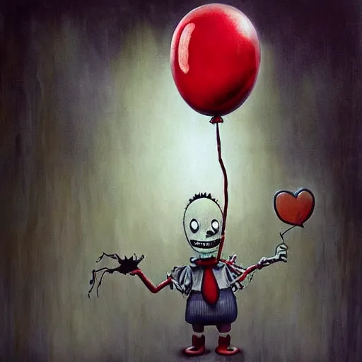 Image similar to grunge painting of spongebob with a wide smile and a red balloon by chris leib, loony toons style, pennywise style, corpse bride style, horror theme, detailed, elegant, intricate, Atmospheric phenomenon, conceptual, volumetric light