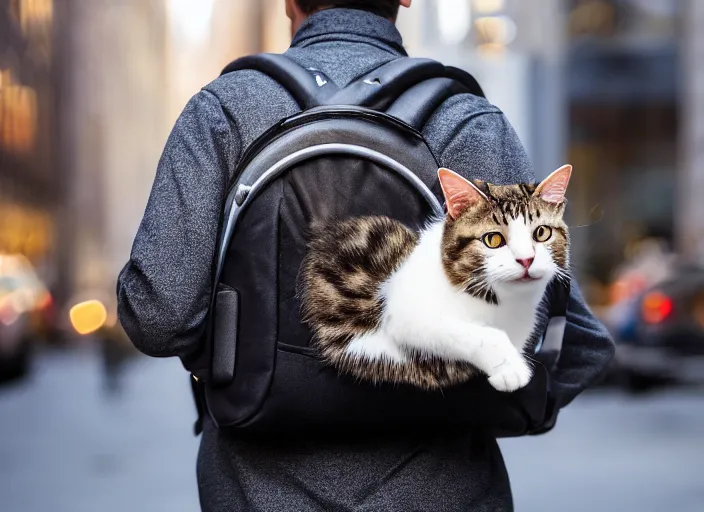 Image similar to photography of a Cat being carried in a backpack . in a new york street. award winning photo, led lighting, night, 130mm, sharp, high res