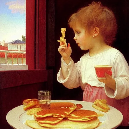 Prompt: an oil painting of an angel inside McDonald's eating pancakes, by Bouguereau, highly realistic and intricate