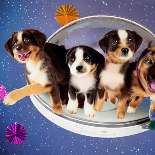 Image similar to photo of puppies as astronauts flying to the moon in a spaceship that looks like a pineapple and all of the stars are confetti