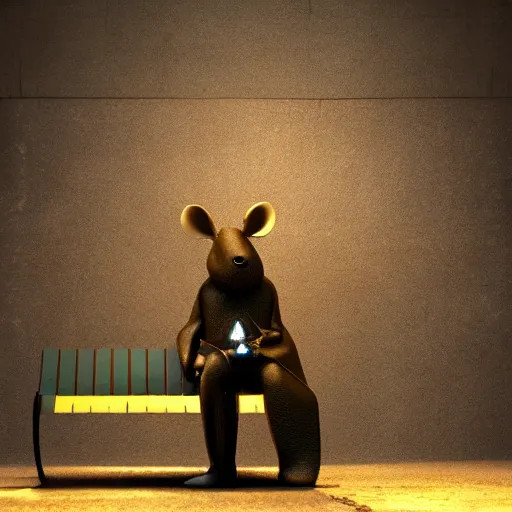 Image similar to a sad anthropomorphic rat, octane render, 3 d, sad, lonely, moody lighting, wearing gold jewellery, wearing a fur coat, in the rain, at night, sitting on a park bench