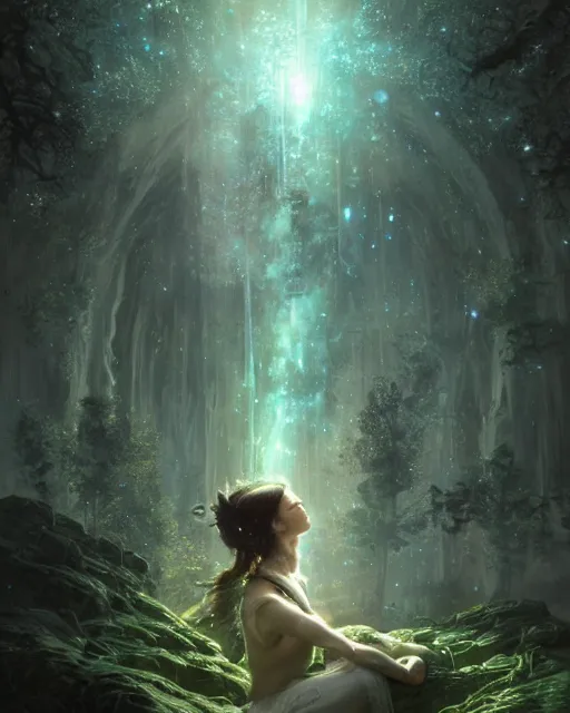 Image similar to female elf with black hair dress meditating in a nebula forest by greg rutkowski, high key lighting, volumetric light, digital art, highly detailed, fine detail, intricate, ornate, complex, octane render, unreal engine, photorealistic digital painting, artstation, concept art, sharp focus, art by greg rutkowski and alphonse mucha