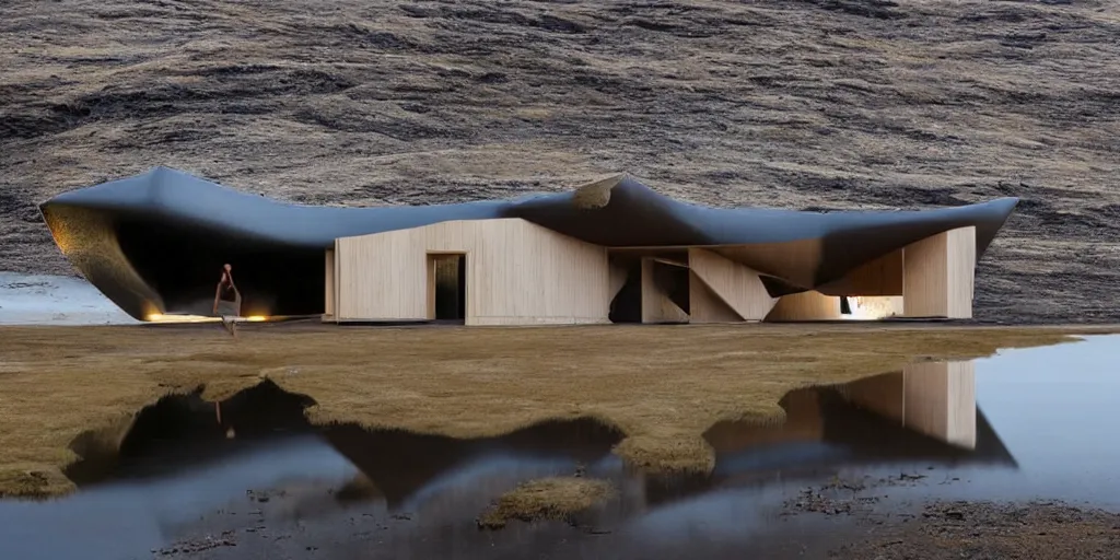 Image similar to futuristic architect house made from deconstucted ash wood and mirrors, floating, portal, iceland landscape photography, by lurie belegurschi and gunnar freyr