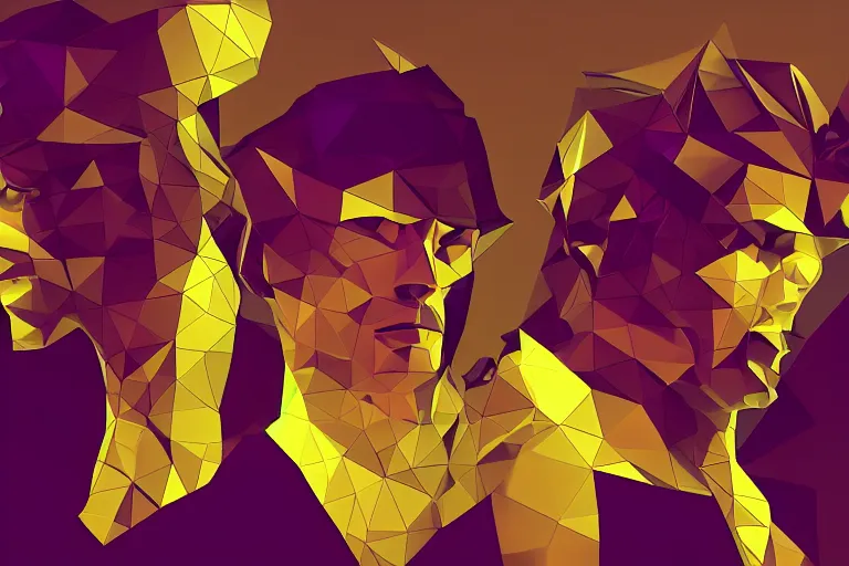 Prompt: three men wearing golden crowns, flowing hair, digital art, polygonal art, cyberpunk, synthwave, 4k wallpaper
