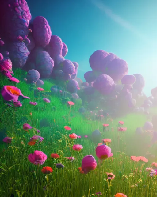 Image similar to beautiful happy landscape, anonymous head, beautiful flowers growing, in the style of beeple and mike winkelmann, intricate, epic lighting, cinematic composition, hyper realistic, 8 k resolution, unreal engine 5, raytracing, reflections, ultraviolet colors